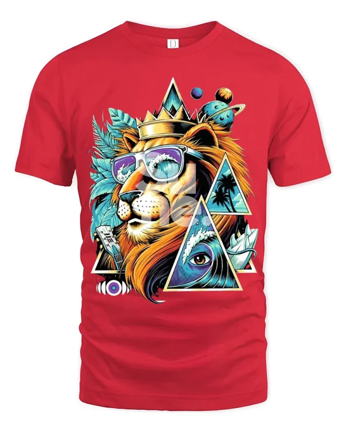 Psychedelic Lion T-Shirt Cool Summer King Graphic Tee with Sunglasses and Crown - red t-shirt on white background