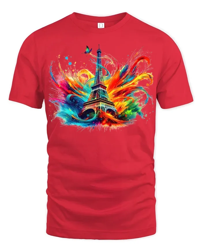 Paris Eiffel Tower T-Shirt Color Splash Artistic Tee for Travel Lovers and Dreamers - red t-shirt on white background