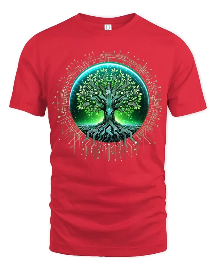 Cyber Nature Tree T-Shirt High Tech Botanical Graphic Tee for Eco Enthusiasts - red t-shirt on white background