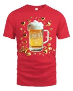 Happy Father’s Day Beer T-Shirt Funny Gift Tee with Mug and Golden Hearts Print - red t-shirt on white background
