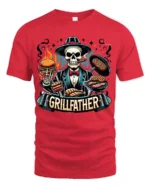 Grillfather BBQ T-Shirt for Dad Funny Skull Grill Master Tee for Father’s Day - red t-shirt on white background