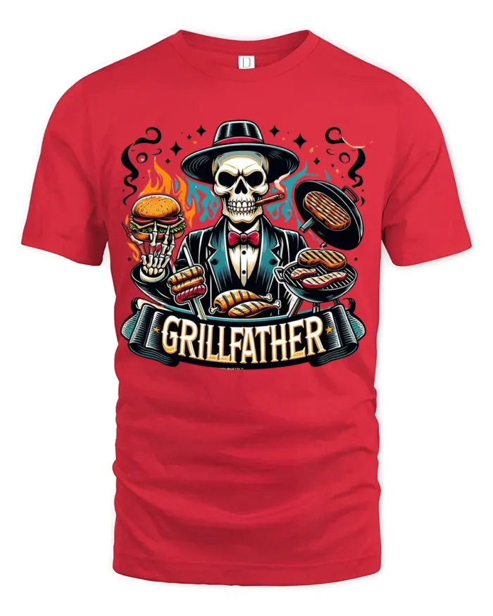 Grillfather BBQ T-Shirt for Dad Funny Skull Grill Master Tee for Father’s Day - red t-shirt on white background
