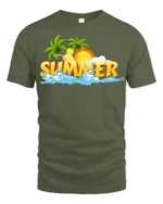 Cool Summer Beach Scene T-Shirt Vacation Vibes Tee with Palm Trees and Sun - military green t-shirt on white background