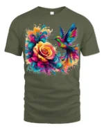 Vibrant Hummingbird T-Shirt Bright Floral Bird Tee with Artistic Design - military green t-shirt on white background