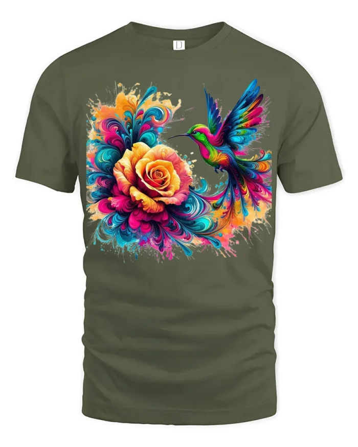 Vibrant Hummingbird T-Shirt Bright Floral Bird Tee with Artistic Design - military green t-shirt on white background