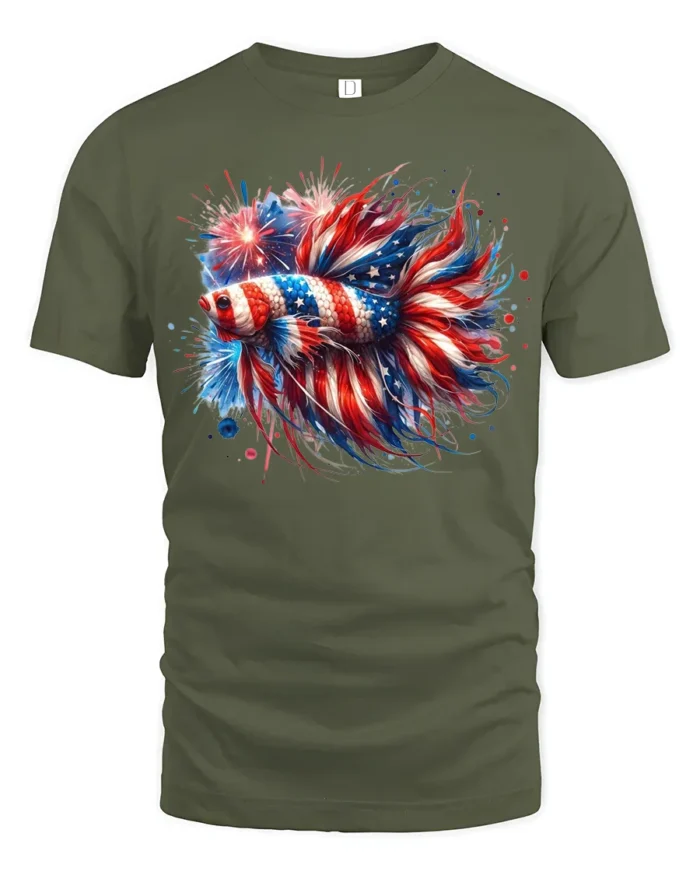 American Flag Betta Fish T-Shirt Patriotic Firework Tee for 4th of July Vibes - military green t-shirt on white background