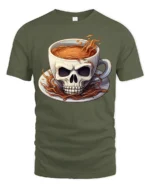 Skull Coffee Cup T-Shirt  Funny Gothic Caffeine Addict Tee for Coffee Lovers - military green t-shirt on white background