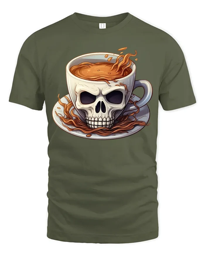 Skull Coffee Cup T-Shirt  Funny Gothic Caffeine Addict Tee for Coffee Lovers - military green t-shirt on white background