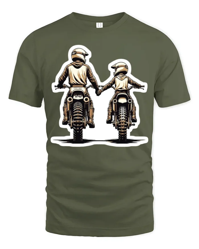 Biker Dad and Son T-Shirt  Motocross Love Family Ride Together Graphic Tee - military green t-shirt on white background