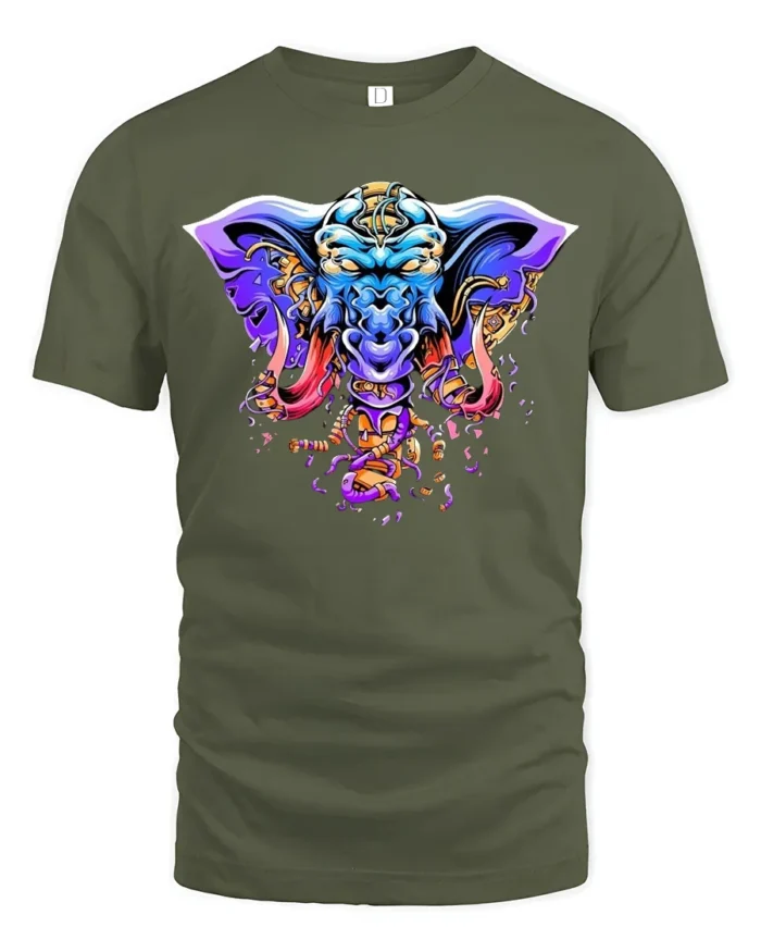Tribal Elephant Warrior T-Shirt  Bold Psychedelic Graphic Fantasy Animal Tee - military green t-shirt on white background