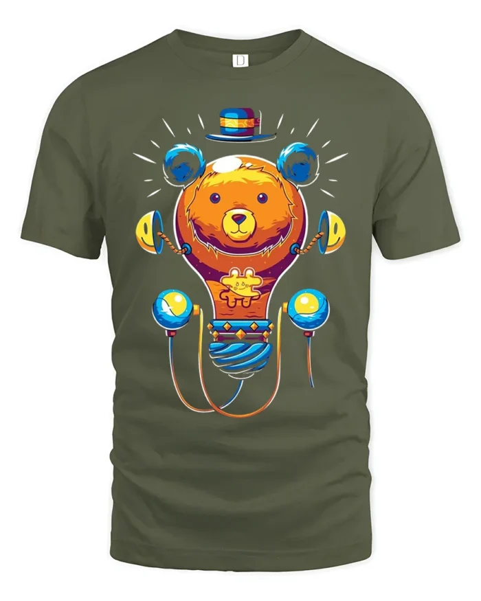 Colorful Cartoon Bear T-Shirt  Fun Whimsical Graphic Tee for Animal Lovers - military green t-shirt on white background