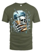 Skeleton Iced Coffee T-Shirt Bold Gothic Style Tee for Caffeine and Skull Lovers - military green t-shirt on white background