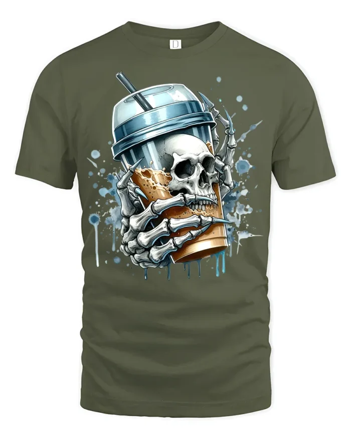 Skeleton Iced Coffee T-Shirt Bold Gothic Style Tee for Caffeine and Skull Lovers - military green t-shirt on white background