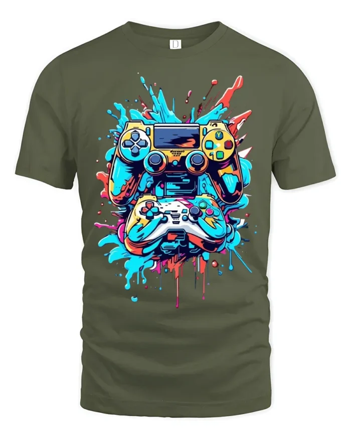 Colorful Gaming Controller T-Shirt Cool Gamer Graphic Tee for Console Fans - military green t-shirt on white background