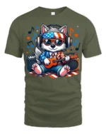 Patriotic Dog Music T-Shirt Cool USA Pup Playing Guitar with Headphones Tee - military green t-shirt on white background