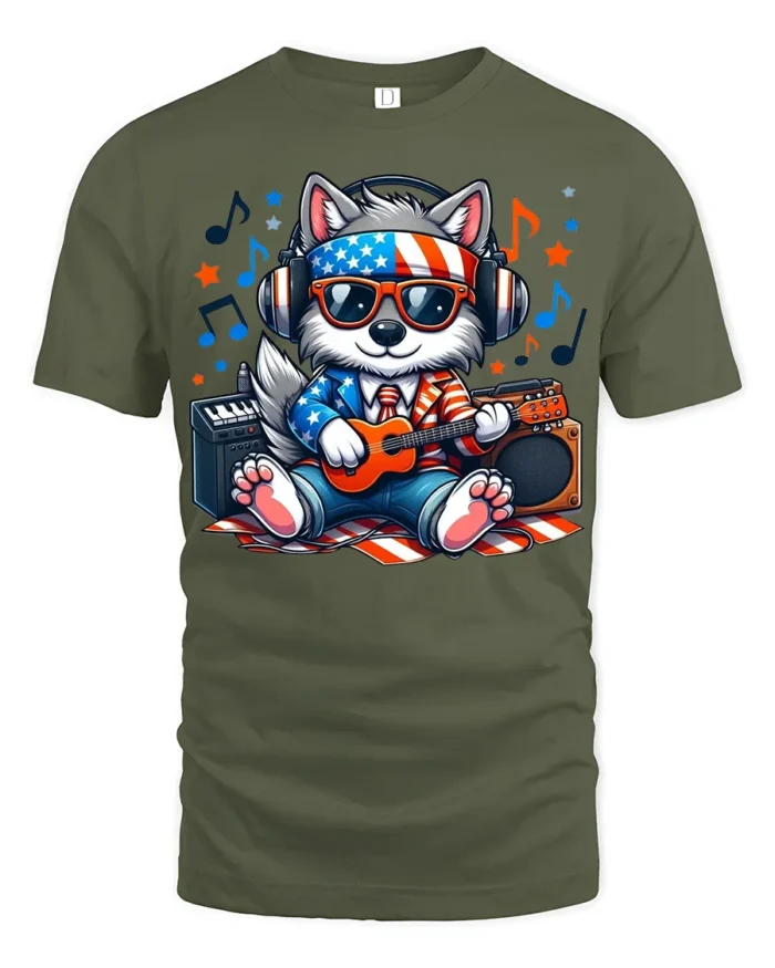Patriotic Dog Music T-Shirt Cool USA Pup Playing Guitar with Headphones Tee - military green t-shirt on white background