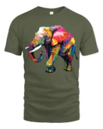 Psychedelic Elephant T-Shirt Bright Safari Graphic Tee for Elephant Lovers - military green t-shirt on white background