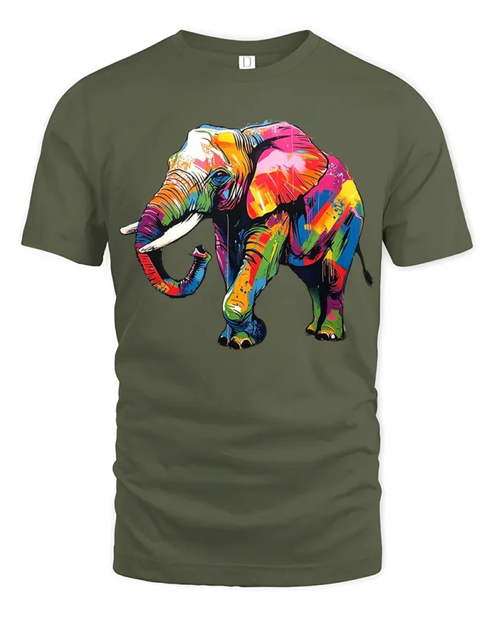 Psychedelic Elephant T-Shirt Bright Safari Graphic Tee for Elephant Lovers - military green t-shirt on white background