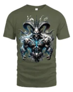 Epic Demon Lord T-Shirt Badass Skull Warrior Tee with Horns and Flames - military green t-shirt on white background