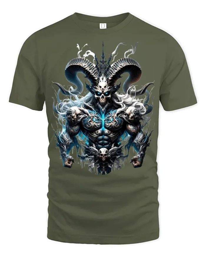 Epic Demon Lord T-Shirt Badass Skull Warrior Tee with Horns and Flames - military green t-shirt on white background