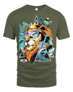Psychedelic Lion T-Shirt Cool Summer King Graphic Tee with Sunglasses and Crown - military green t-shirt on white background