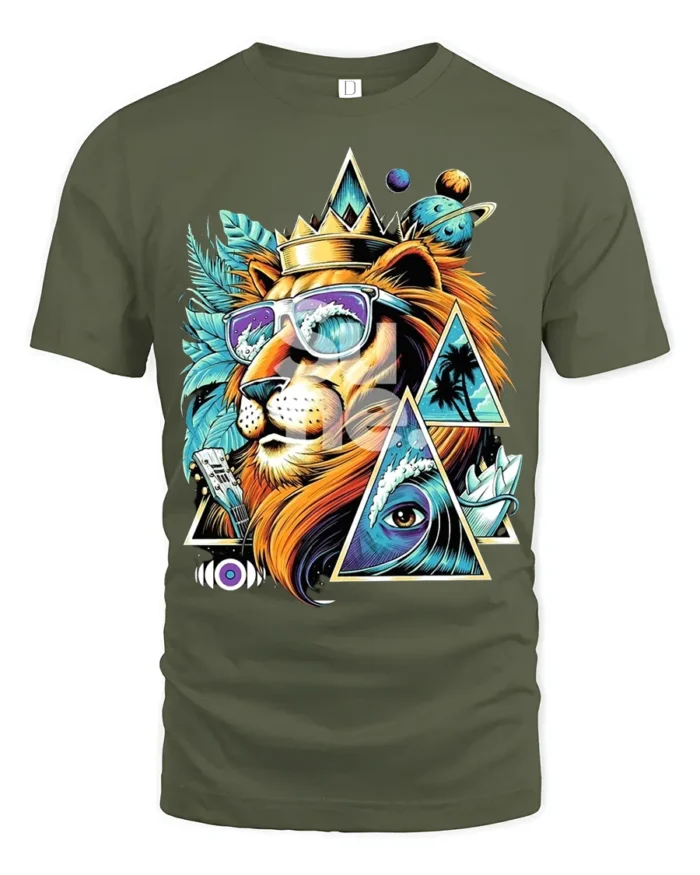 Psychedelic Lion T-Shirt Cool Summer King Graphic Tee with Sunglasses and Crown - military green t-shirt on white background