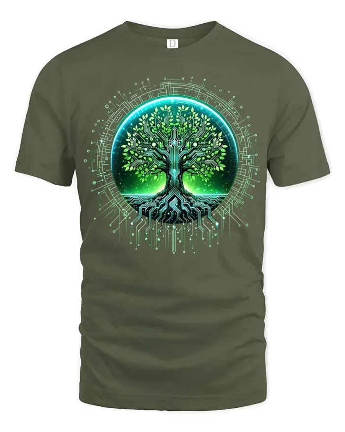 Cyber Nature Tree T-Shirt High Tech Botanical Graphic Tee for Eco Enthusiasts - military green t-shirt on white background