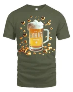 Happy Father’s Day Beer T-Shirt Funny Gift Tee with Mug and Golden Hearts Print - military green t-shirt on white background