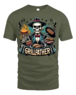 Grillfather BBQ T-Shirt for Dad Funny Skull Grill Master Tee for Father’s Day - military green t-shirt on white background