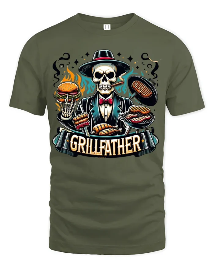 Grillfather BBQ T-Shirt for Dad Funny Skull Grill Master Tee for Father’s Day - military green t-shirt on white background