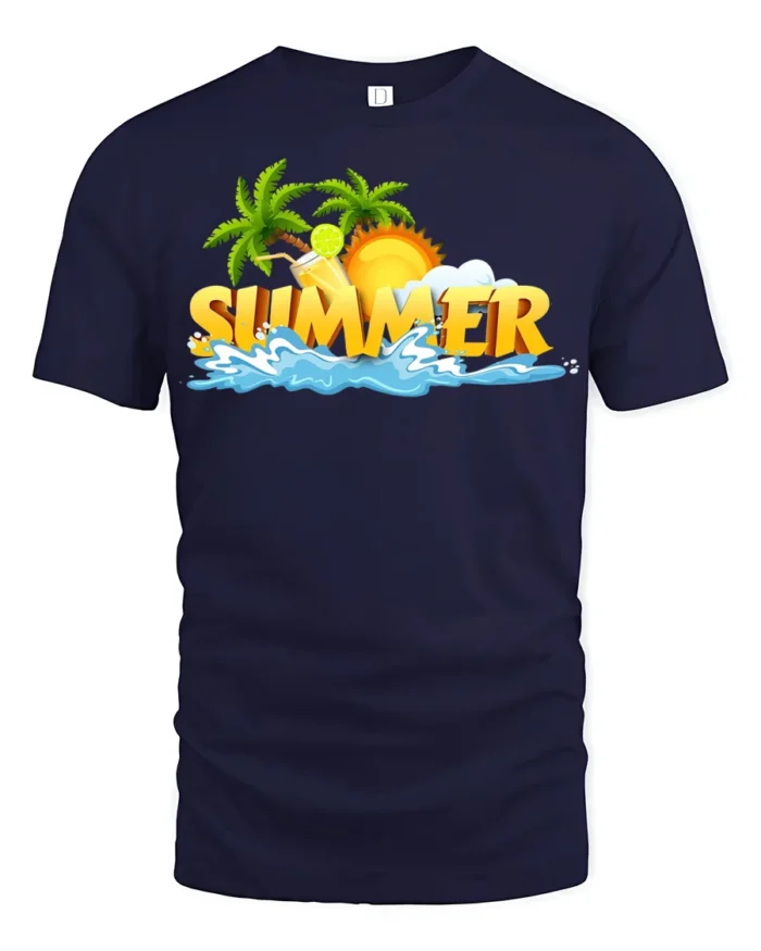 Cool Summer Beach Scene T-Shirt Vacation Vibes Tee with Palm Trees and Sun - navy t-shirt on white background