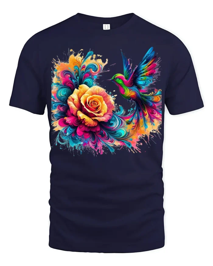 Vibrant Hummingbird T-Shirt Bright Floral Bird Tee with Artistic Design - navy t-shirt on white background