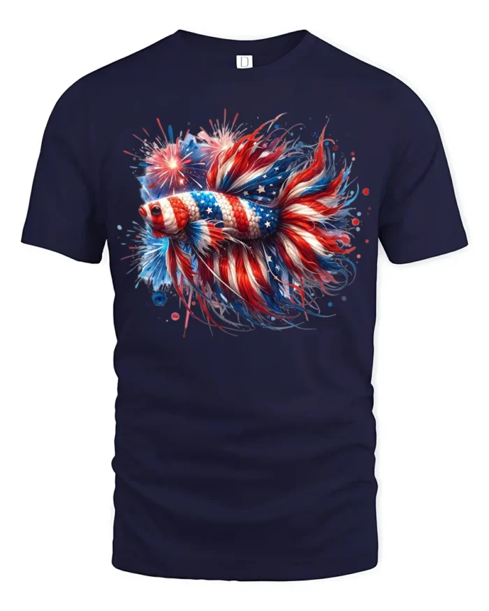 American Flag Betta Fish T-Shirt Patriotic Firework Tee for 4th of July Vibes - navy t-shirt on white background