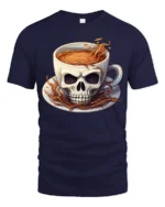 Skull Coffee Cup T-Shirt  Funny Gothic Caffeine Addict Tee for Coffee Lovers - navy t-shirt on white background