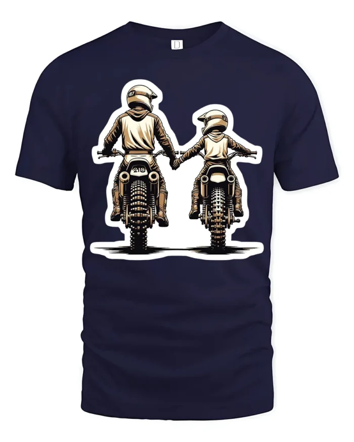 Biker Dad and Son T-Shirt  Motocross Love Family Ride Together Graphic Tee - navy t-shirt on white background