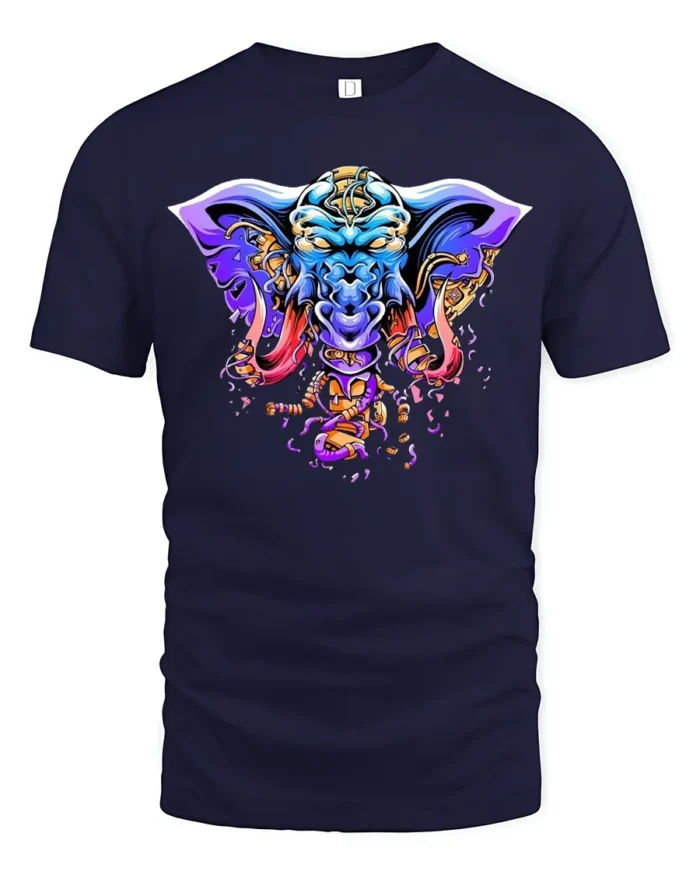 Tribal Elephant Warrior T-Shirt  Bold Psychedelic Graphic Fantasy Animal Tee - navy t-shirt on white background