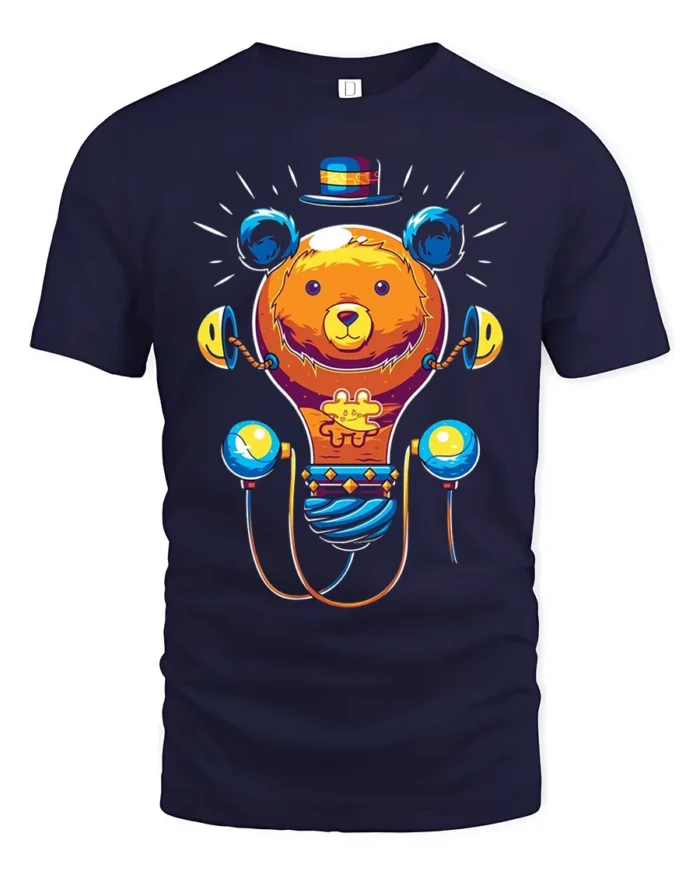 Colorful Cartoon Bear T-Shirt  Fun Whimsical Graphic Tee for Animal Lovers - navy t-shirt on white background