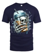 Skeleton Iced Coffee T-Shirt Bold Gothic Style Tee for Caffeine and Skull Lovers - navy t-shirt on white background