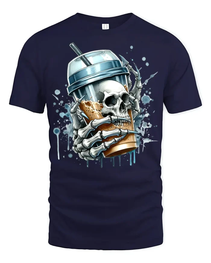 Skeleton Iced Coffee T-Shirt Bold Gothic Style Tee for Caffeine and Skull Lovers - navy t-shirt on white background