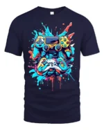 Colorful Gaming Controller T-Shirt Cool Gamer Graphic Tee for Console Fans - navy t-shirt on white background