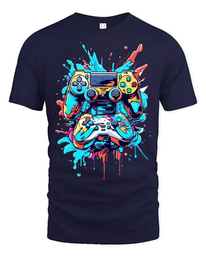 Colorful Gaming Controller T-Shirt Cool Gamer Graphic Tee for Console Fans - navy t-shirt on white background