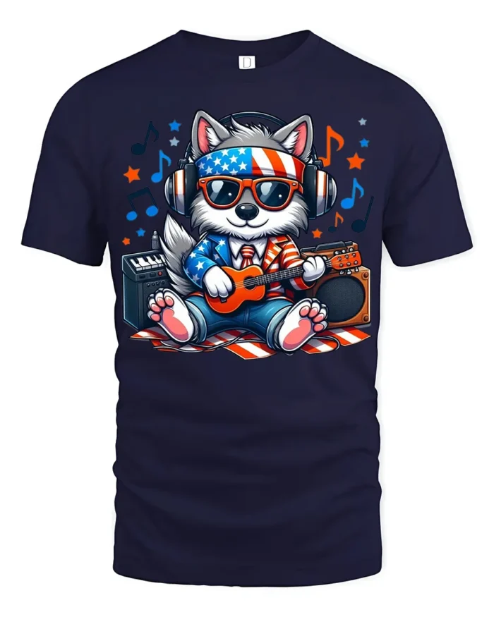 Patriotic Dog Music T-Shirt Cool USA Pup Playing Guitar with Headphones Tee - navy t-shirt on white background