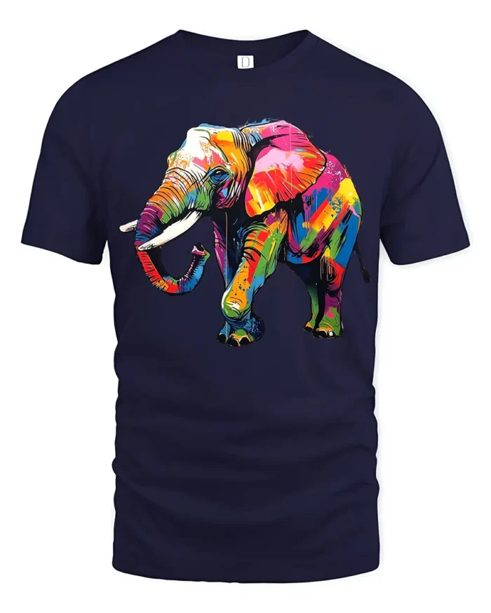 Psychedelic Elephant T-Shirt Bright Safari Graphic Tee for Elephant Lovers - navy t-shirt on white background