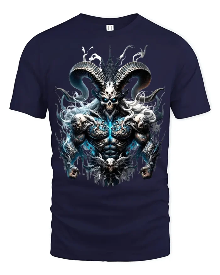 Epic Demon Lord T-Shirt Badass Skull Warrior Tee with Horns and Flames - navy t-shirt on white background