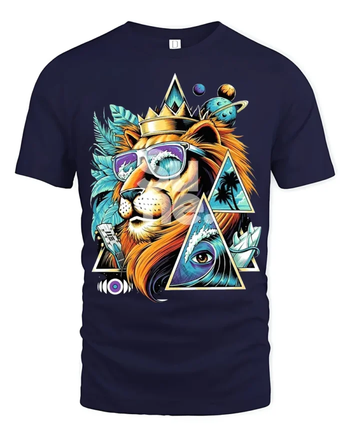 Psychedelic Lion T-Shirt Cool Summer King Graphic Tee with Sunglasses and Crown - navy t-shirt on white background