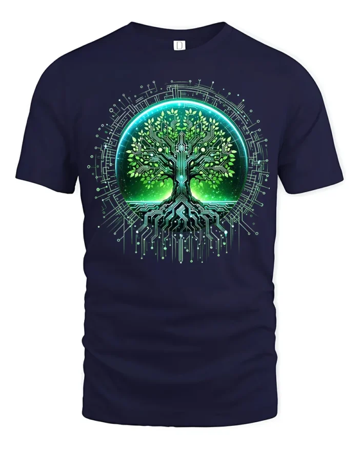 Cyber Nature Tree T-Shirt High Tech Botanical Graphic Tee for Eco Enthusiasts - navy t-shirt on white background