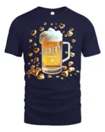 Happy Father’s Day Beer T-Shirt Funny Gift Tee with Mug and Golden Hearts Print - navy t-shirt on white background