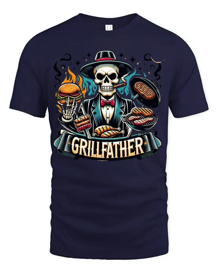 Grillfather BBQ T-Shirt for Dad Funny Skull Grill Master Tee for Father’s Day - navy t-shirt on white background
