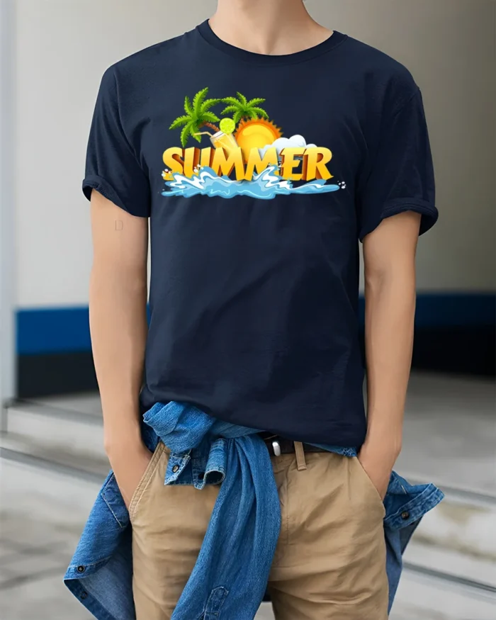 Cool Summer Beach Scene T-Shirt Vacation Vibes Tee with Palm Trees and Sun - model wearing navy shirt, hands in pockets