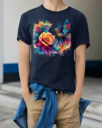 Vibrant Hummingbird T-Shirt Bright Floral Bird Tee with Artistic Design - model wearing navy shirt, hands in pockets